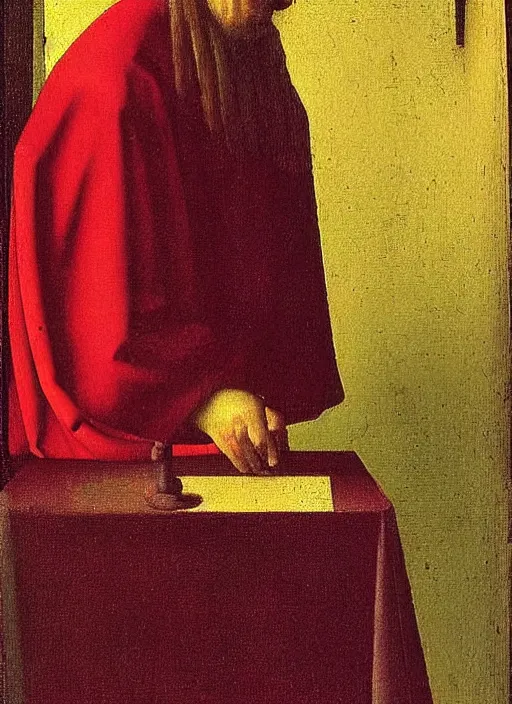 Image similar to red candle, medieval painting by jan van eyck, johannes vermeer, florence