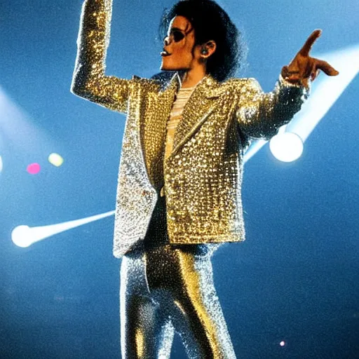 Prompt: thin michael jackson standing on stage live at the indoor o 2 arena wearing a sparkling white diamond outfit with large thin shoulder pads!!!!! doing a concert, multiple flashing lights and colorful spotlights, beautiful photography, cinematic, award - winning photo, highly detailed, this is it