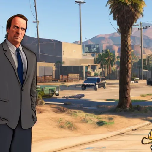 Image similar to Saul Goodman in GTA V . Los Santos in the background, palm trees. In the art style of Stephen Bliss.