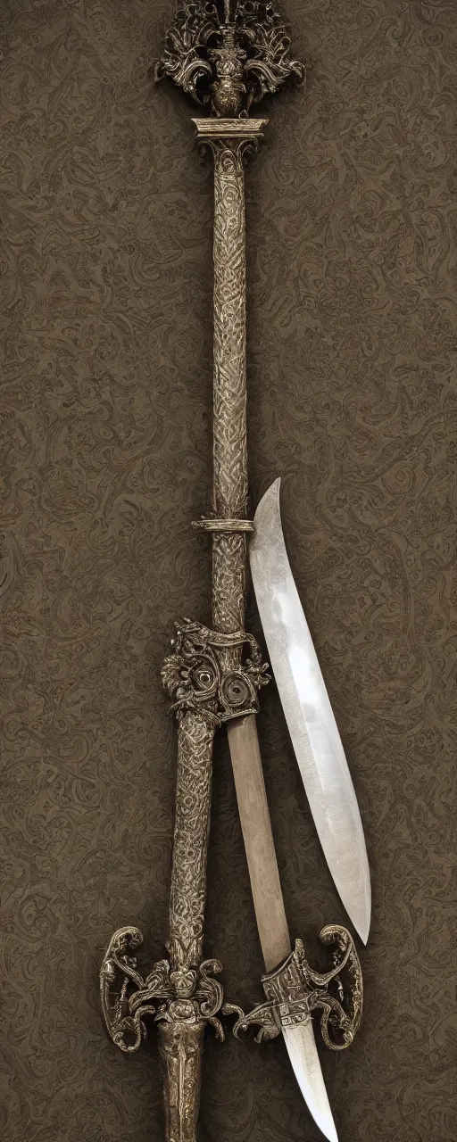 Image similar to sword of justice hanging on a wall, ornate gem in pommel, engraved blade, serrated point, herringbone floor, low angle, museum display