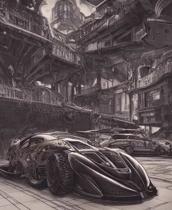 Image similar to a detailed manga style illustration of a steampunk supercar, by moebius and stephan martiniere, 4 k resolution, detailed, unreal engine, octane render, trending on artstation