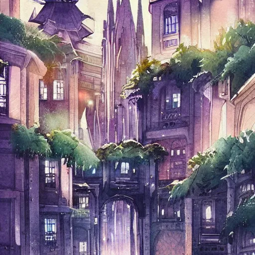 Image similar to Beautiful picturesque charming futuristic city in harmony with nature. Nice colour scheme, soft warm colour. Beautiful detailed watercolor by Lurid. (2022)