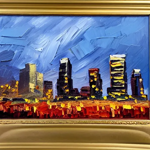 Prompt: palette knife oil painting of downtown los angeles at dusk