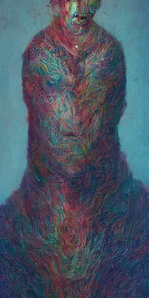 Image similar to portrait of a one man in the style of android jones and zdzislaw beksinski