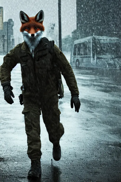 Image similar to cinematic shot of a humanoid fox double agent for the cia walking through a decimated city. realistic. rainy. dramatic lighting.