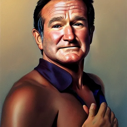 Prompt: ultra realistic portrait painting of robin williams, art by frank frazetta, 4 k, ultra realistic, highly detailed, epic lighting