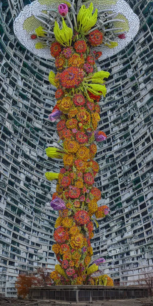 Prompt: colossal psyhedelic alien predator flower made from worst unfulfilled mankind projects in the middle of abandoned post soviet constructivist cityscape, Stalinist architecture, ultradetailed, Intricate by Niruyoshi Ohrai and Hayao Miyazaki and Josan Gonzalez