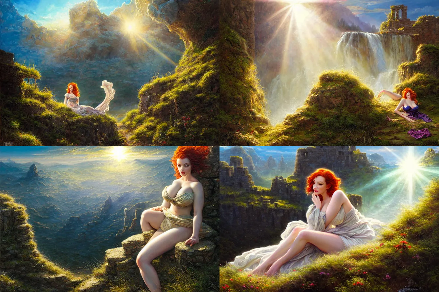 Prompt: epic painting of a clothed Christina Hendricks resting on a high rock, sun down summer princess, ancient ruins, sun ray prisms through wind swept pollen, saturated, intricate, highly detailed, epic vista, very crispy, Ralph Horsley, Daniel F. Gerhartz, Artgerm, Boris Villajo, Lilia Alvarado