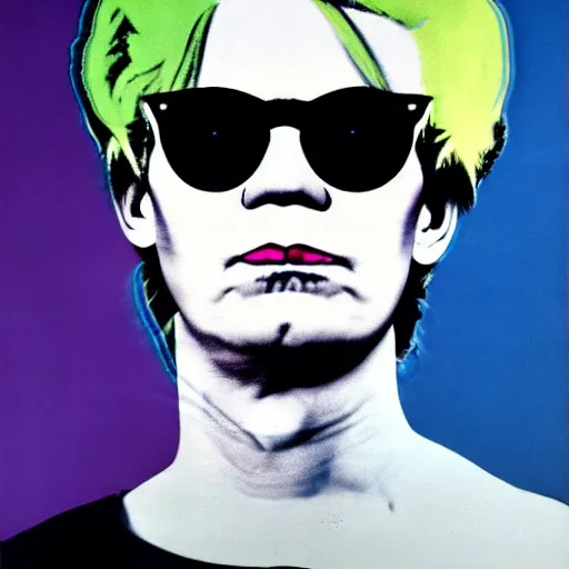 Prompt: colour portrait of absolutely angry andy warhol aged 25 looking sternly straight into the camera and wearing designer sun glasses, in the style of andy warhol