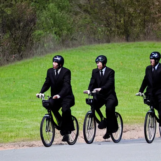 Image similar to two mormon missionaries, on bikes, with crow heads, black suits white shirts, crow heads, heads look like crows