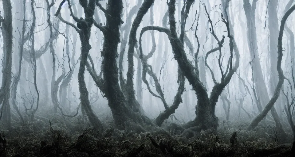 Prompt: an extremely detailed cinematic movie shot of a creepy foggy forest with twisted trees, mossy ground, filled with will-o-the-wisps in the style of tim burton