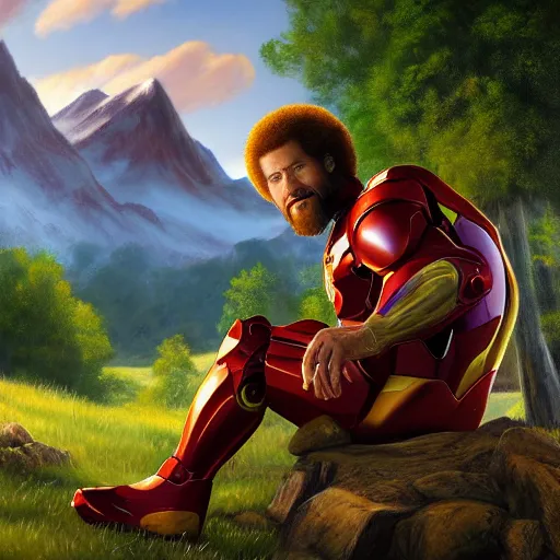 Prompt: a closeup photorealistic photograph of bob ross diligently completing a canvas painting with iron man on the canvas. mountains and trees. film still. brightly lit scene. this 4 k hd image is trending on artstation, featured on behance, well - rendered, extra crisp, features intricate detail, epic composition and the style of unreal engine.