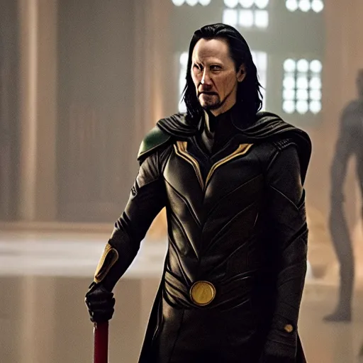 Image similar to film still of Keanu Reeves as Loki holding scepter in Avengers Endgame