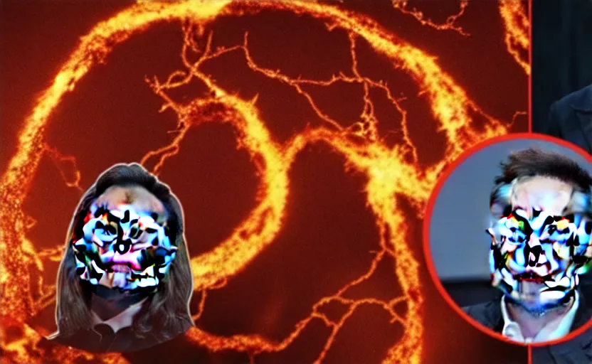 Image similar to elon musk, demon, demon king, fire, lava, banana