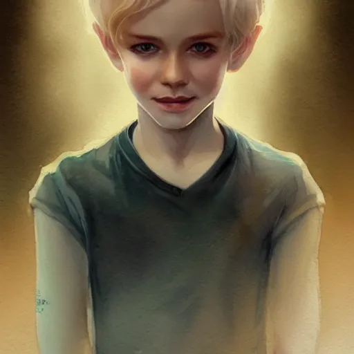 Prompt: young boy, blonde hair, happy eyes, smile, gorgeous, amazing, delicate, elegant, intricate, highly detailed, watercolor, portrait, artstation, concept art, sharp focus, illustration, art by charlie bowater and Ross tran