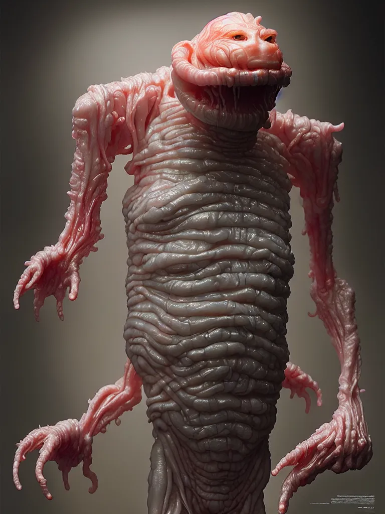 Image similar to hyperrealistic rendering, fat smooth cronenberg flesh monster transparent grey alien by donato giancola and greg rutkowski and wayne barlow and zdzisław beksinski, product photography, action figure, sofubi, studio lighting, colored gels