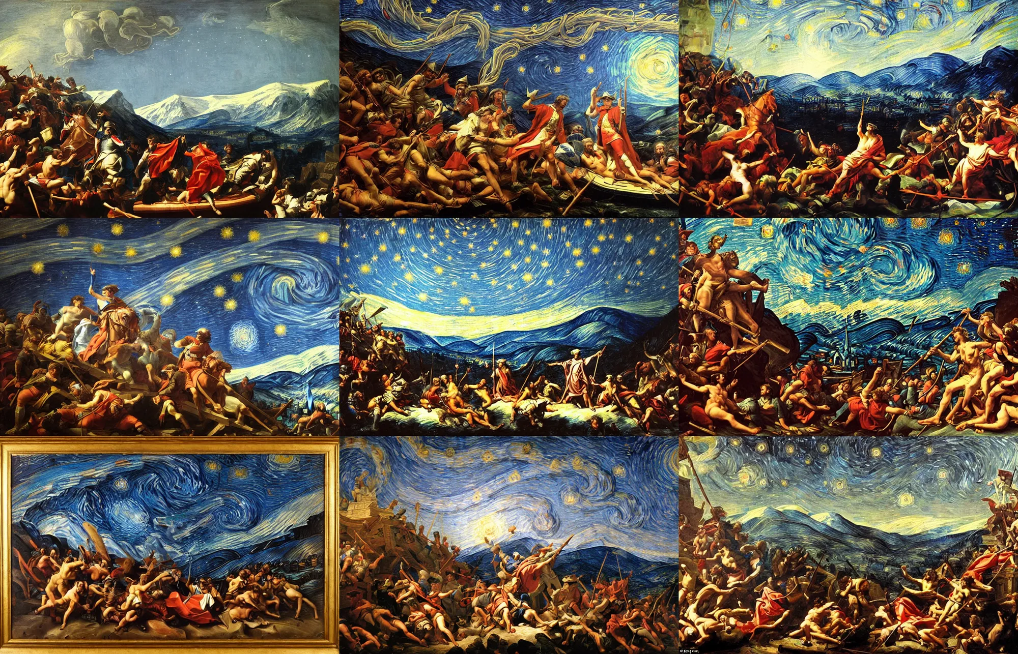 Prompt: a mix between napoleon crossing the alps and the starry night and the raft of the medusa and the school of athens, oil canvas