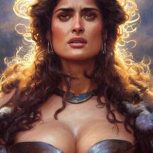 Image similar to a portrait of Salma Hayek as a barbarian, detailed, centered, digital painting, artstation, concept art, donato giancola, Joseph Christian Leyendecker, WLOP, Boris Vallejo, Breathtaking, 8k resolution, extremely detailed, beautiful, establishing shot, artistic, hyperrealistic, beautiful face, octane render