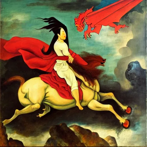 Prompt: Kublai Khan riding a flying, laser breathing dragon, Delacroix oil painting, modern art exhibition