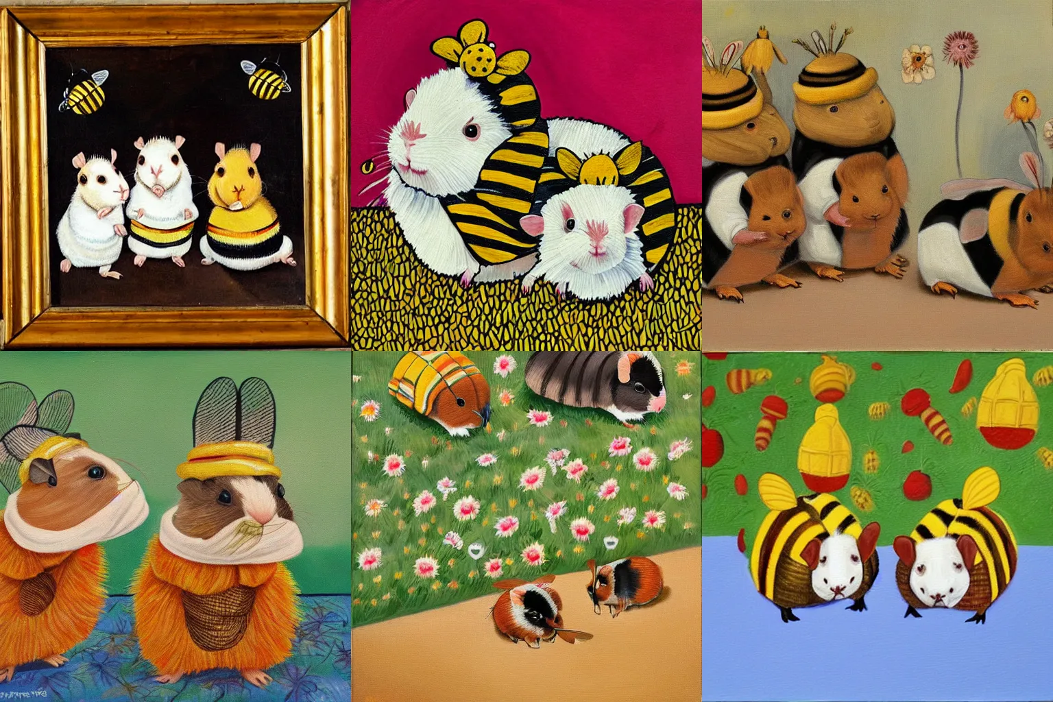 Prompt: Painting of Guinea pigs dresses as bees