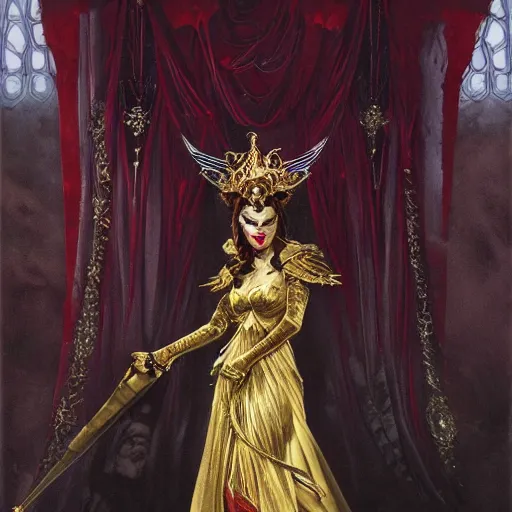 Prompt: an extremely detailed matte painting of a demon queen in a resplendent and ostentatiously beautiful dark red dress with gold trim and black high heeled shoes at a masquerade ball, epic fantasy, viewed in profile from far away, sharp focus, detailed face, art by greg rutkowski and alphonse mucha, volumetric lighting, 4 k resolution, artstation