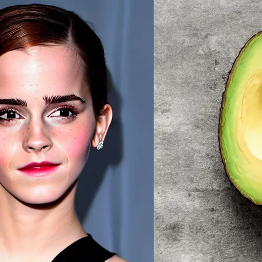 Image similar to anthropomorphic photograph of emma watson an avocado