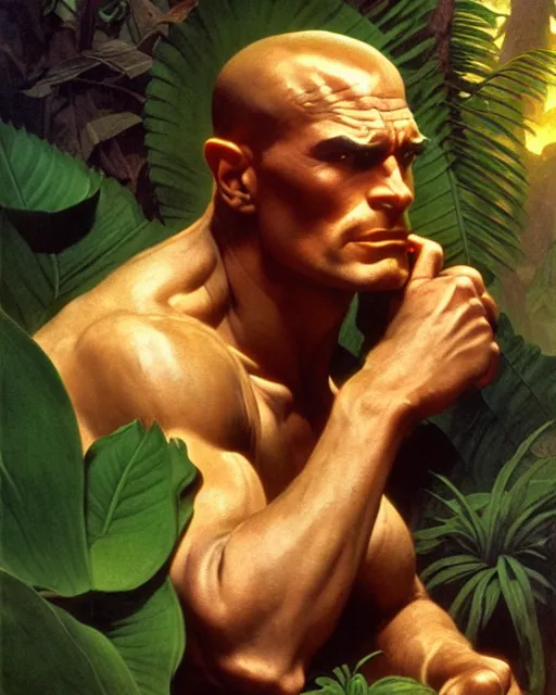 Image similar to doc savage in the jungle, fantasy character portrait, ultra realistic, concept art, intricate details, highly detailed by soft light, volumetric light, misty, william adolphe bouguereau, munch, maxfield parrish, james bama, and frank frazetta