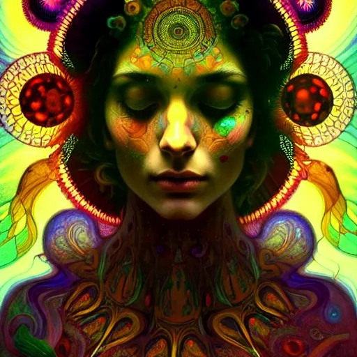 Image similar to An extremely psychedelic experience of the third eye opening, colorful, surreal, dramatic lighting, magic mushrooms, psilocybin, LSD, face, detailed, intricate, elegant, highly detailed, digital painting, artstation, concept art, smooth, sharp focus, illustration, art by Krenz Cushart and Artem Demura and alphonse mucha