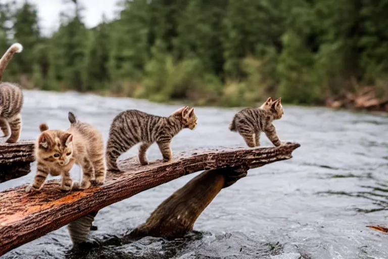 Image similar to kittens walking on a log bridge crossing a river