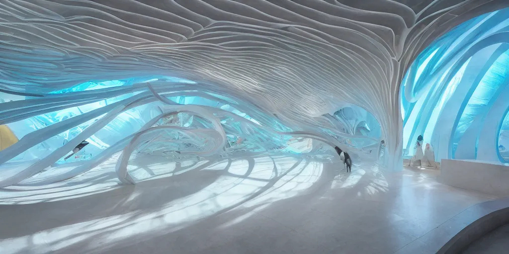 Prompt: extremely detailed awe stunning beautiful futuristic smooth curvilinear museum interior, translucent gills, hyper real, 8k, colorful, 3D cinematic volumetric light, atmospheric light