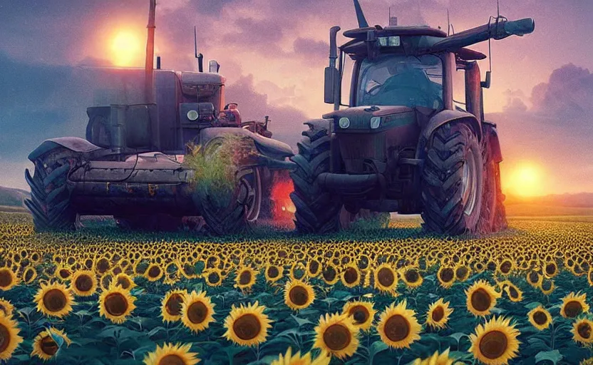 Image similar to cute tractor on sunflower field towing a russian t 6 2 tank cyberpunk art by mike winkelmann, trending on cgsociety, retrofuturism, reimagined by industrial light and magic, darksynth, sci - fi