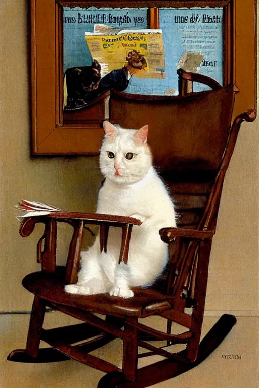 Prompt: portrait of fat butterscotch cat reading the newspaper on a rocking chair, painting by Norman Rockwell