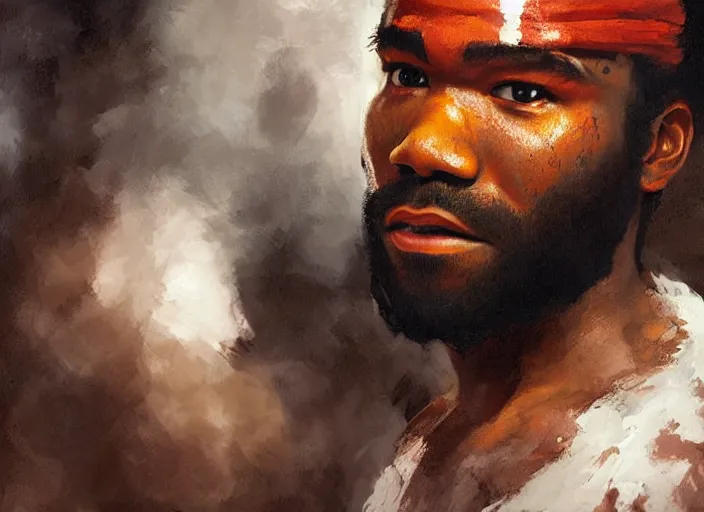 Image similar to a highly detailed beautiful portrait of donald glover as kratos, by gregory manchess, james gurney, james jean