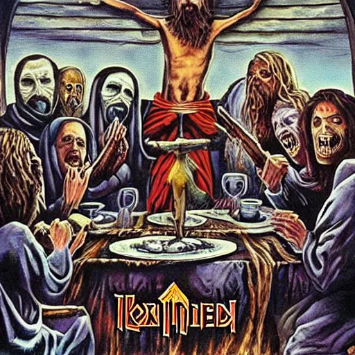 Image similar to the lord's supper, jesus accompanied by undead in iron maiden album cover style