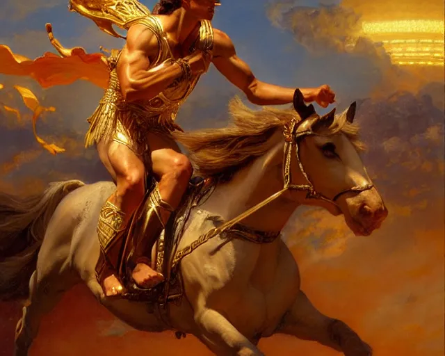 Image similar to attractive apollo greek god, riding his fire chariot. highly detailed painting by gaston bussiere, craig mullins, j. c. leyendecker 8 k