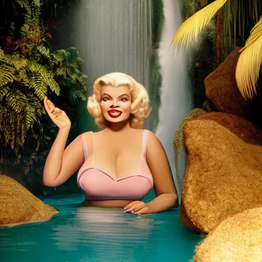 Image similar to a very beautiful sundance award winning image of jayne mansfield under a tropical waterfall, full body, pale pink bikini, pink lipstick, detailed face, cinematic lightning, golden hour, medium shot, softblur, filmgrain, cryengine, raytracing, by gil elvgren, robert maguire, rudolf belarski