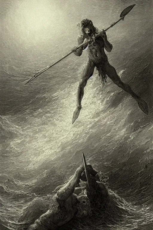 Prompt: painting by gustave dore of a drowned zombie with!! glowing cyan eyes!!, holding a trident, underwater