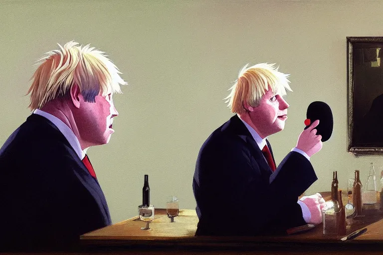 Image similar to anime key visual of boris johnson addressing the covid epidemic to a room of reporters, style of jamie wyeth james gilleard edward hopper greg rutkowski acrylic painting, preserved museum piece, historical