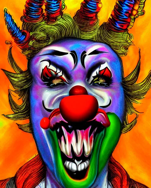 Prompt: chaotic psychedelic clown demon