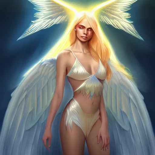 Image similar to Winged girl angel with blonde hair and glowing halo, iridescent, seraphim, fantasy, intricate, elegant, highly detailed, digital painting, artstation, concept art, smooth, sharp focus, illustration, art by PHAZED