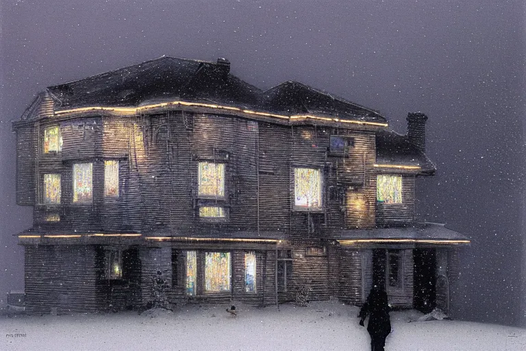 Image similar to cyberpunk, winter in the snow, Christmas lights, external view of a 5 bedroom detached cyberpunk house in the UK, by Beksinski
