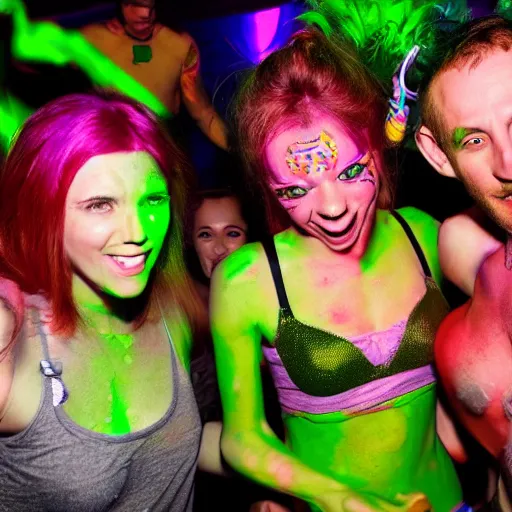 Prompt: goblins partying at a rave, green skin, photo