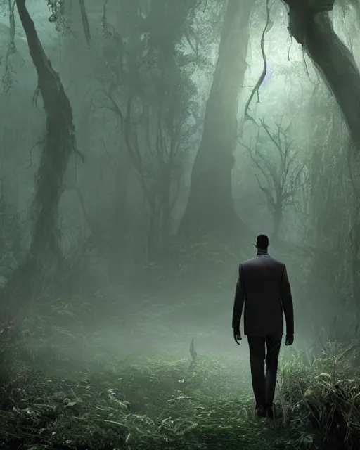 Image similar to a shady, undead man is walking towards a horrific monster in a densely overgrown, eerie jungle, fantasy, stopped in time, dreamlike light incidence, ultra realistic, award winning picture