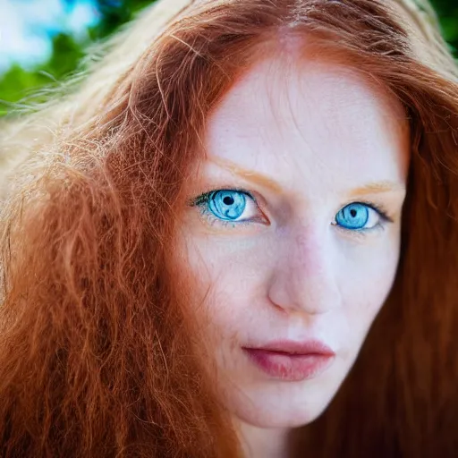 Image similar to close up portrait photograph of a ginger woman with polish descent, with deep blue eyes. Wavy long hair. she looks directly at the camera. Slightly open mouth, with a park visible in the background. 55mm nikon. Intricate. Very detailed 8k texture. Sharp. Cinematic post-processing. Award winning portrait photography. Sharp eyes.