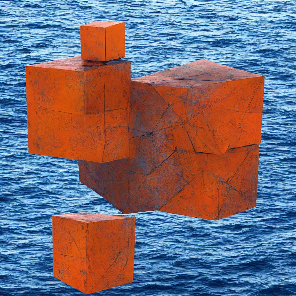 Prompt: an art instillation of a cube in the middle of the ocean, slightly rusting, made by richard sera, 8k photograph, highly detailed