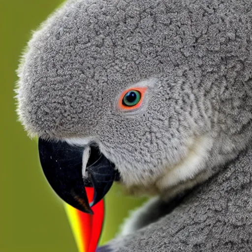 Prompt: award winning nature photograph of a parrot's beak on a koala. focus on the beak. extreme detail, hyperrealistic photo, smooth, trending on artstation