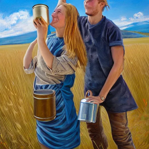 Prompt: a highly detailed painting of a young couple from the side, holding a tin can, hjalteyri iceland, summer, blonde hair, muted colors, joy, trending on artstation,