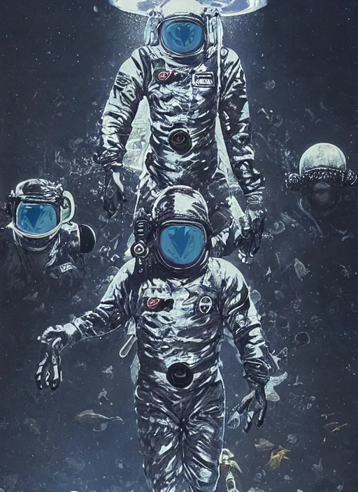 Image similar to divers astronauts in dark and empty void underwater - complex and hyperdetailed technical suit. reflection and dispersion materials. rays and dispersion of light. volumetric light. 5 0 mm, f / 3 2. noise film photo. flash photography. ultra realistic, wide angle. poster by wayne barlowe, hajime sorayama aaron horkey, craig mullins