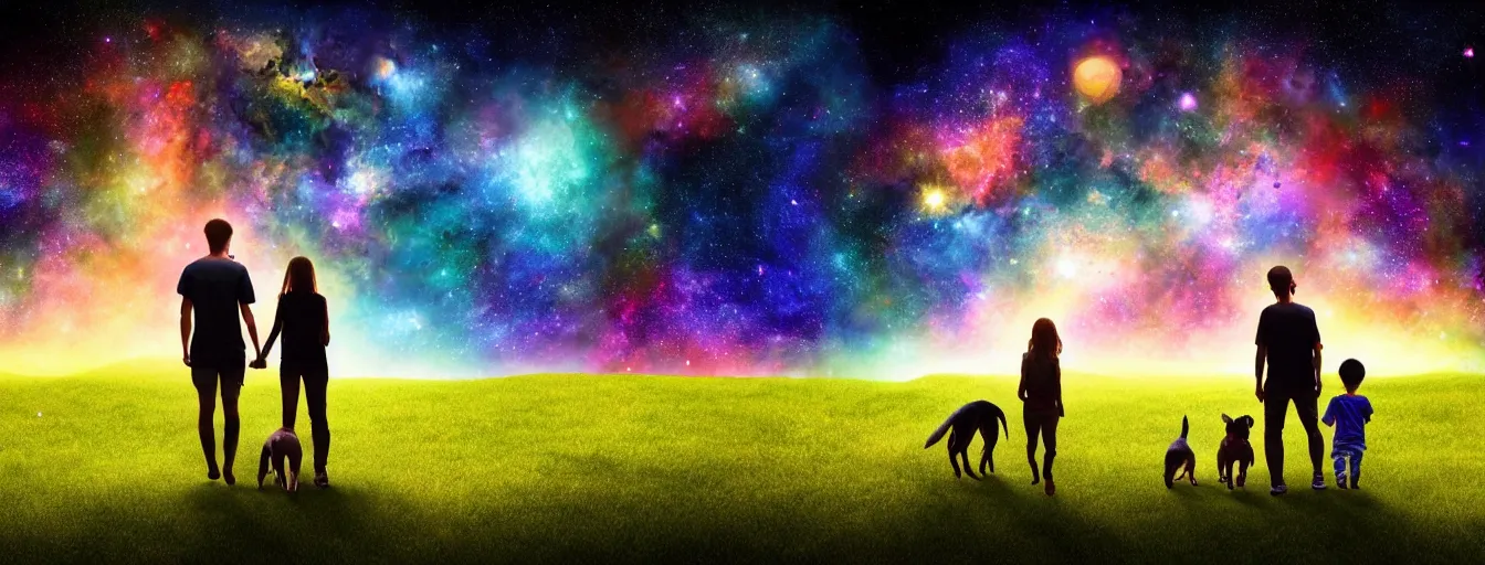 Image similar to rear view of a young couple and a kid holding hands, with a dog sitting next to them in a small green planet looking to the night sky displaying an entire colorful universe, digital art, epic, colorful, highly detailed