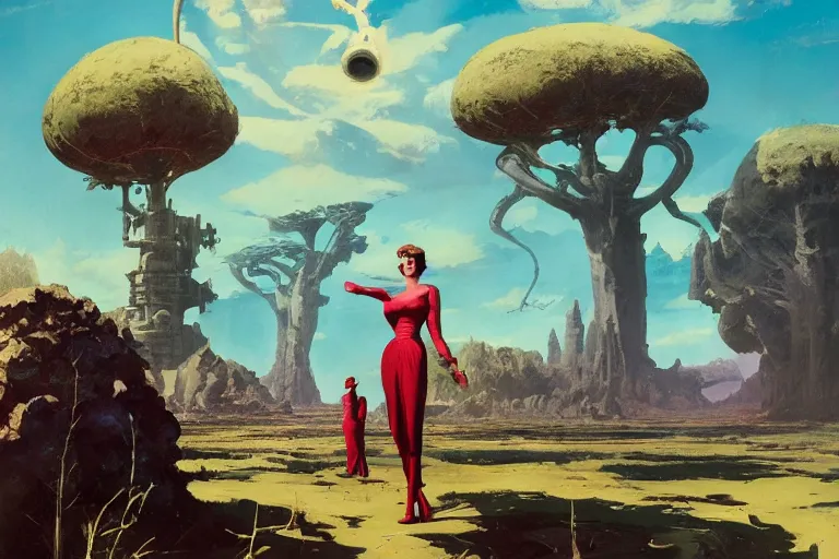 Image similar to 5 0 s pulp scifi illustration, woman holding retro ray gun stands beside tall martian creature, beautiful landscape, plain stretching into distance, pond, baobab trees, painted by bergey, craig mullins, ruan jia, raymond swanland, jeremy mann, beksinski, jack kirby, tom lovell, alex malveda, schomburg